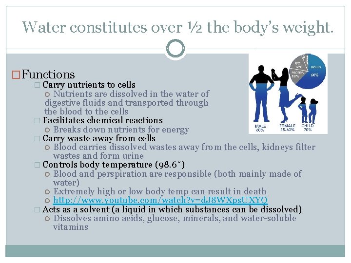 Water constitutes over ½ the body’s weight. �Functions � Carry nutrients to cells Nutrients