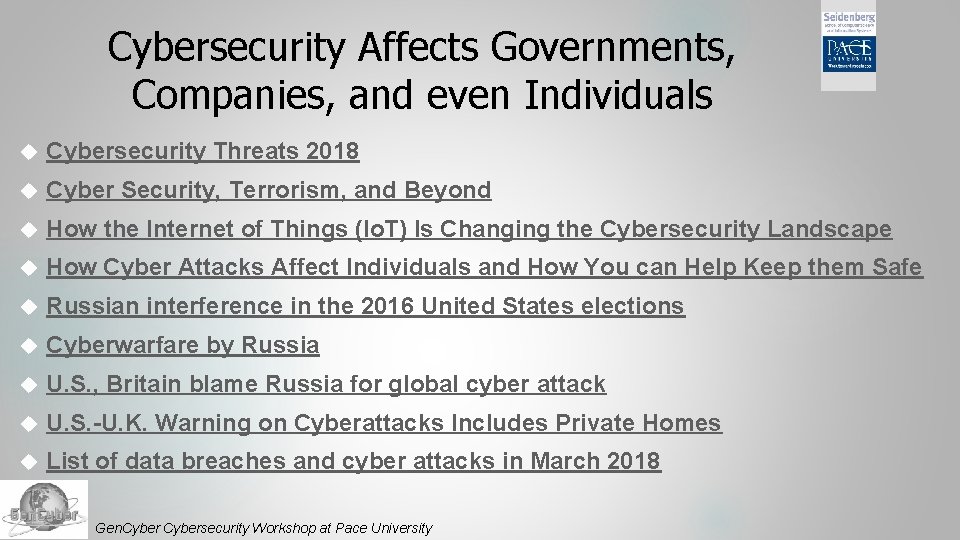 Cybersecurity Affects Governments, Companies, and even Individuals Cybersecurity Threats 2018 Cyber Security, Terrorism, and