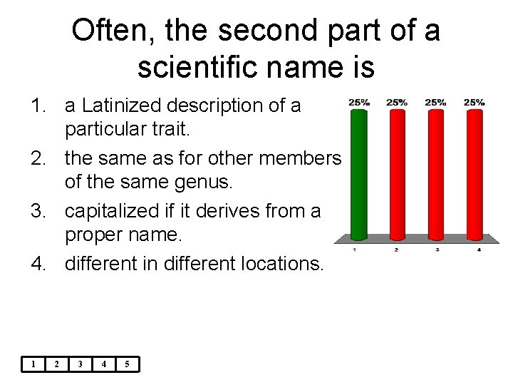 Often, the second part of a scientific name is 1. a Latinized description of