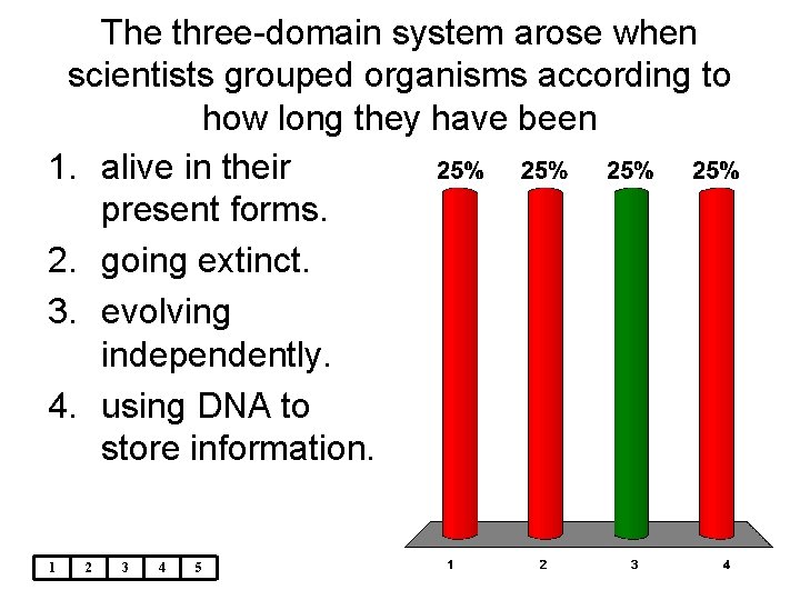 The three-domain system arose when scientists grouped organisms according to how long they have