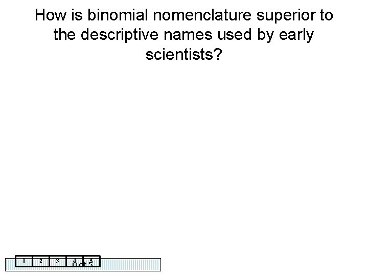 How is binomial nomenclature superior to the descriptive names used by early scientists? 1