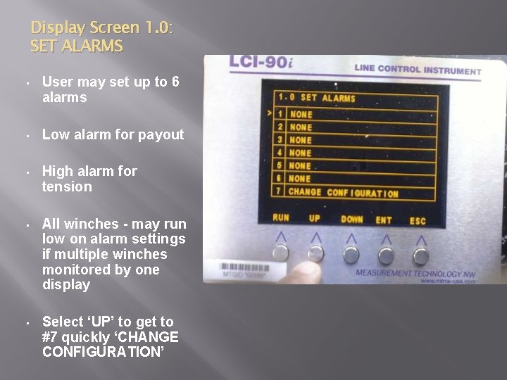 Display Screen 1. 0: SET ALARMS • User may set up to 6 alarms