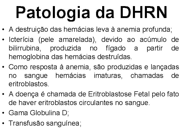 Patologia da DHRN • A destruição das hemácias leva à anemia profunda; • Icterícia