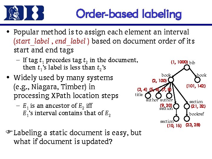 Order-based labeling • Popular method is to assign each element an interval (start_label ,