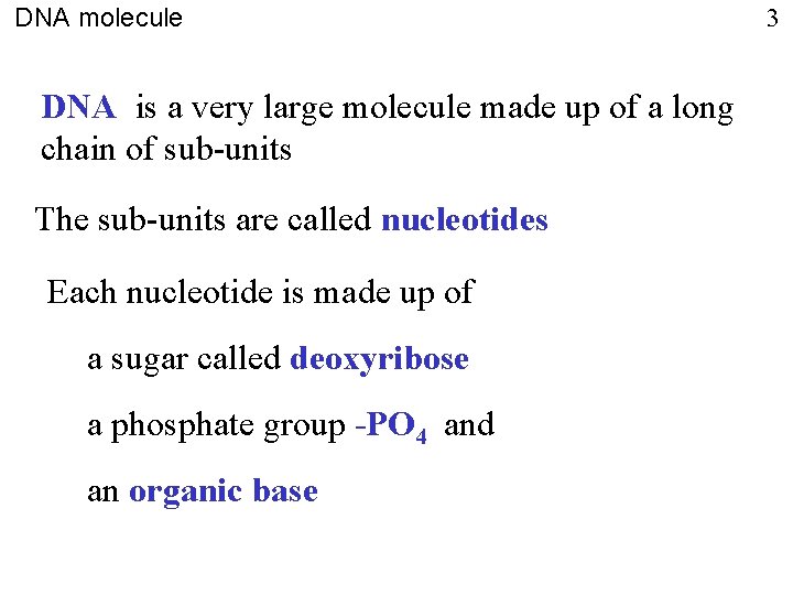 DNA molecule DNA is a very large molecule made up of a long chain