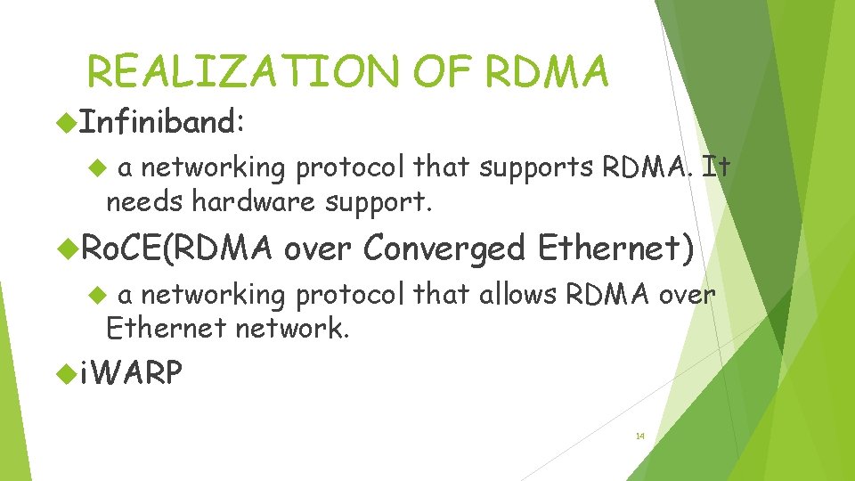 REALIZATION OF RDMA Infiniband: a networking protocol that supports RDMA. It needs hardware support.