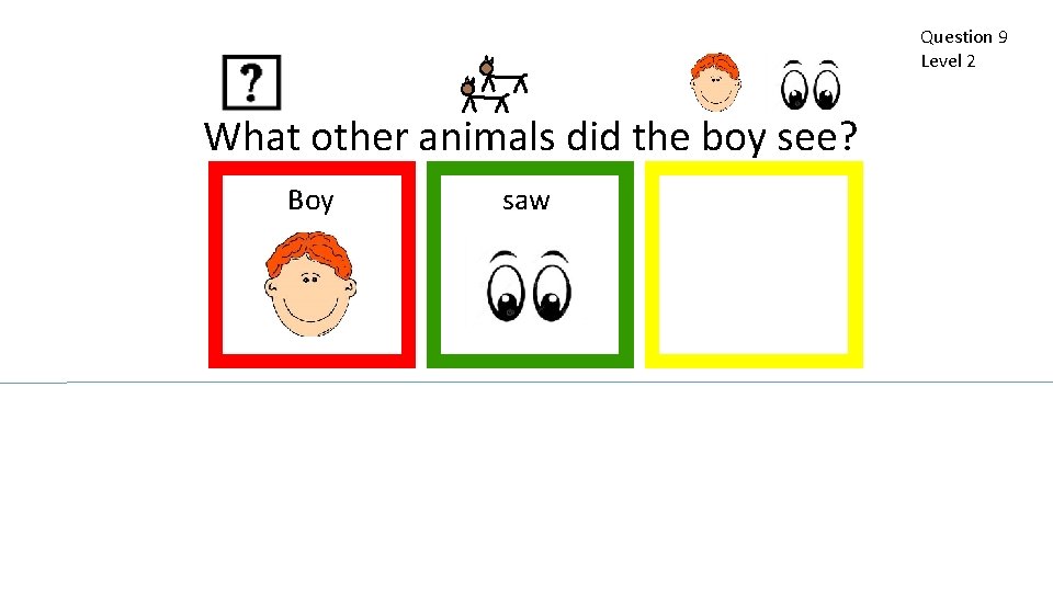 Question 9 Level 2 What other animals did the boy see? Boy saw 