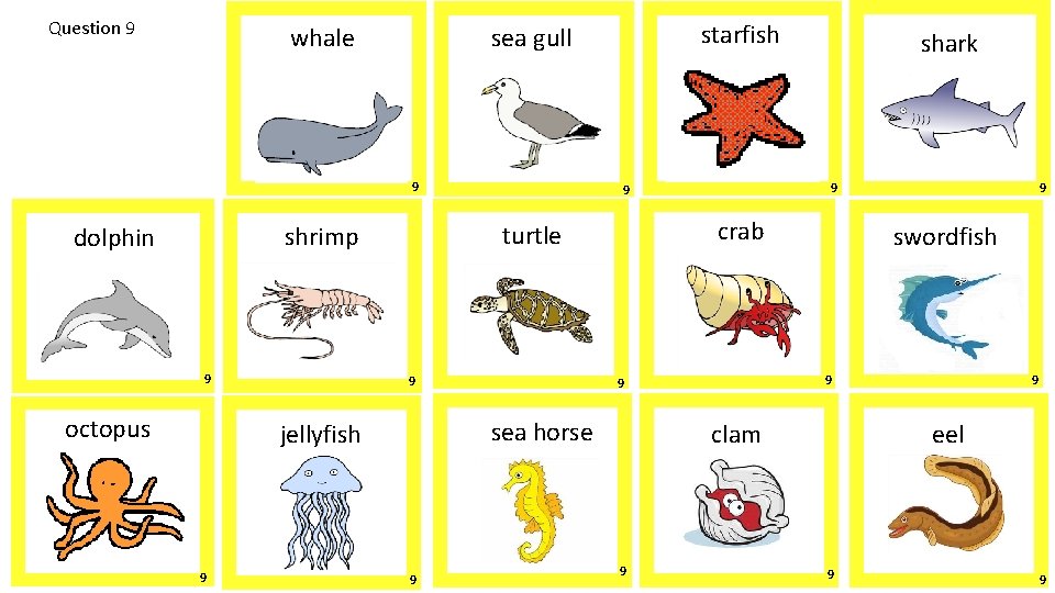 Question 9 whale 9 9 octopus 9 9 crab 9 swordfish 9 eel clam