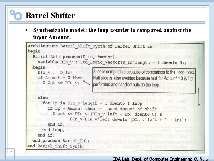 Barrel Shifter • Synthesizable model: the loop counter is compared against the input Amount.