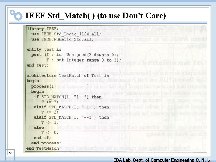 IEEE Std_Match( ) (to use Don’t Care) 55 EDA Lab. Dept. of Computer Engineering