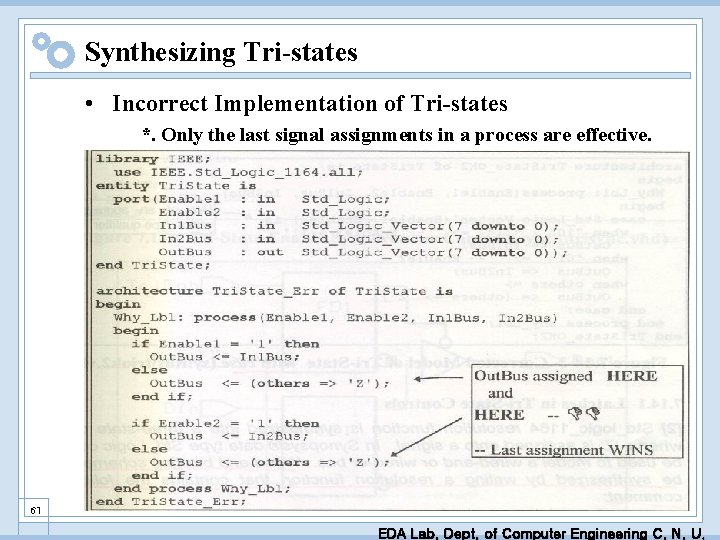 Synthesizing Tri-states • Incorrect Implementation of Tri-states *. Only the last signal assignments in