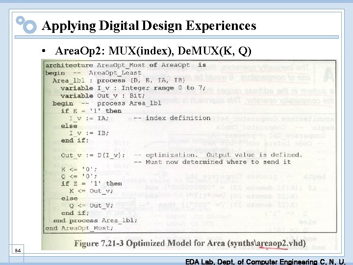 Applying Digital Design Experiences • Area. Op 2: MUX(index), De. MUX(K, Q) 84 EDA