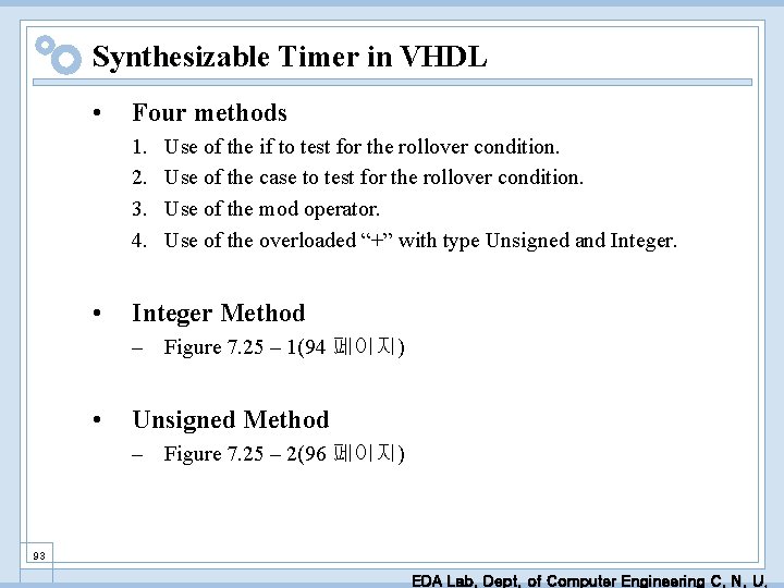 Synthesizable Timer in VHDL • Four methods 1. 2. 3. 4. • Use of