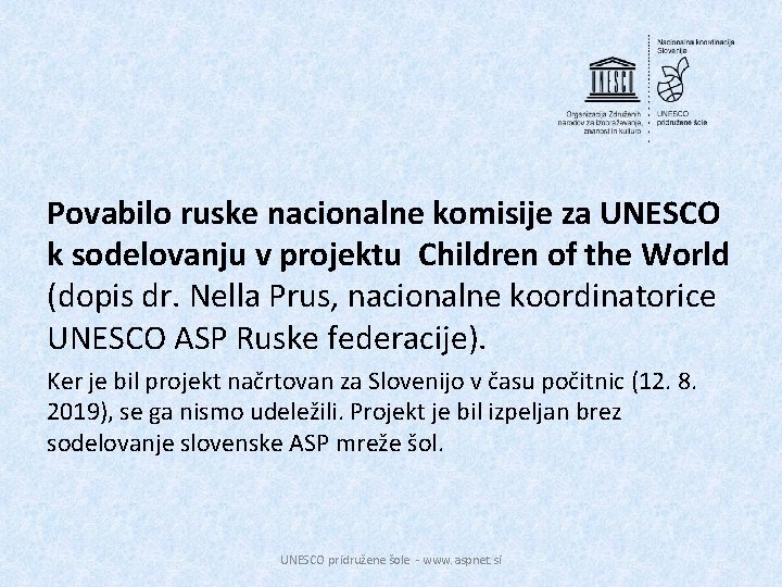 Povabilo ruske nacionalne komisije za UNESCO k sodelovanju v projektu Children of the World