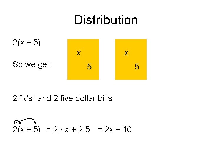Distribution 2(x + 5) So we get: 2 “x’s” and 2 five dollar bills
