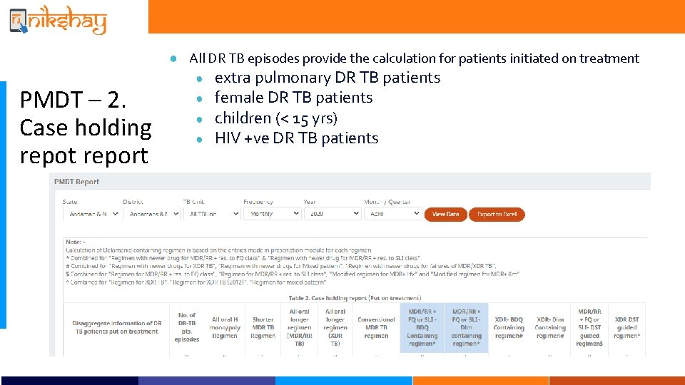 ● All DR TB episodes provide the calculation for patients initiated on treatment PMDT