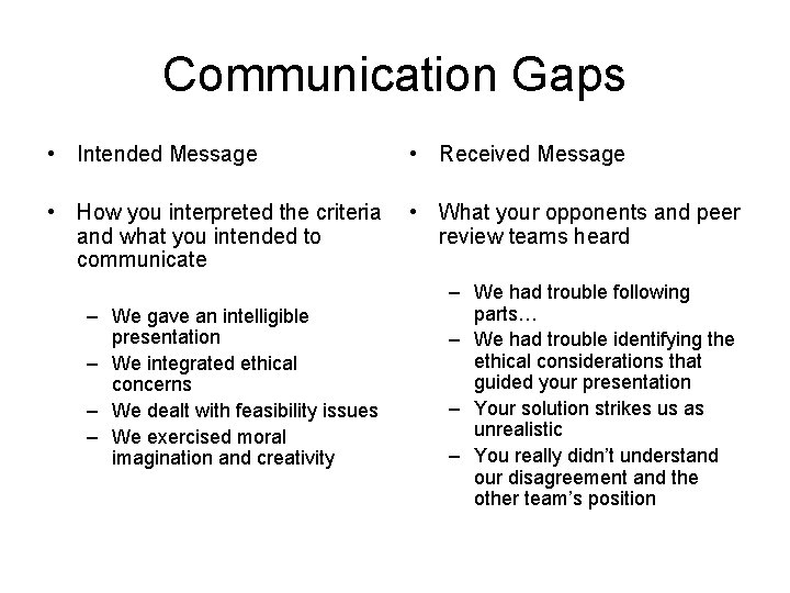 Communication Gaps • Intended Message • Received Message • How you interpreted the criteria