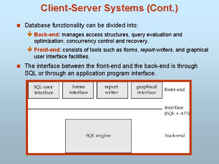 Client-Server Systems (Cont. ) n Database functionality can be divided into: ê Back-end: manages