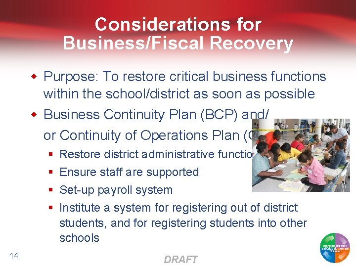 Considerations for Business/Fiscal Recovery w Purpose: To restore critical business functions within the school/district