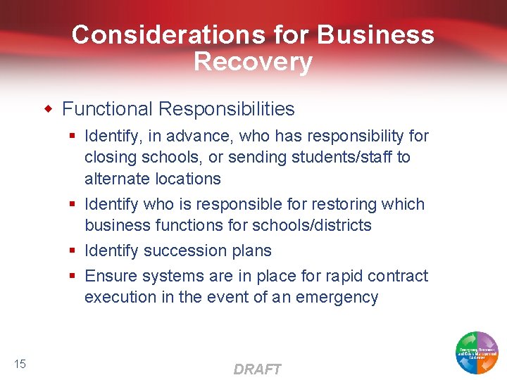 Considerations for Business Recovery w Functional Responsibilities § Identify, in advance, who has responsibility