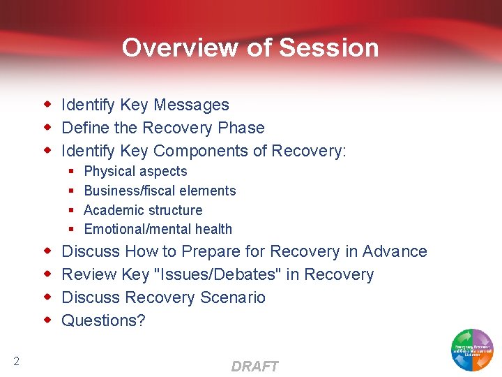 Overview of Session w Identify Key Messages w Define the Recovery Phase w Identify