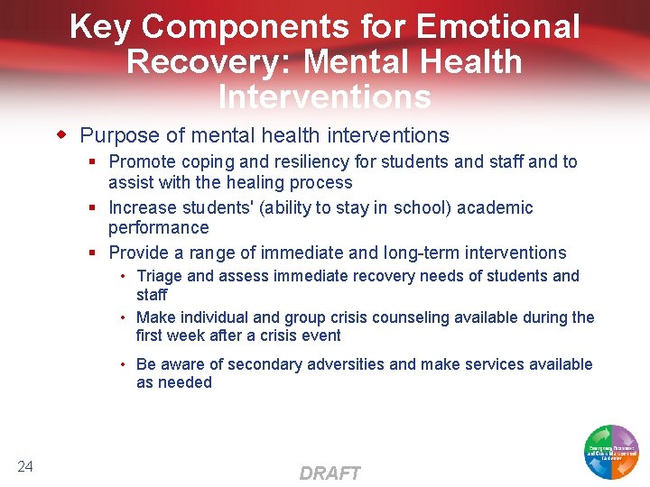 Key Components for Emotional Recovery: Mental Health Interventions w Purpose of mental health interventions