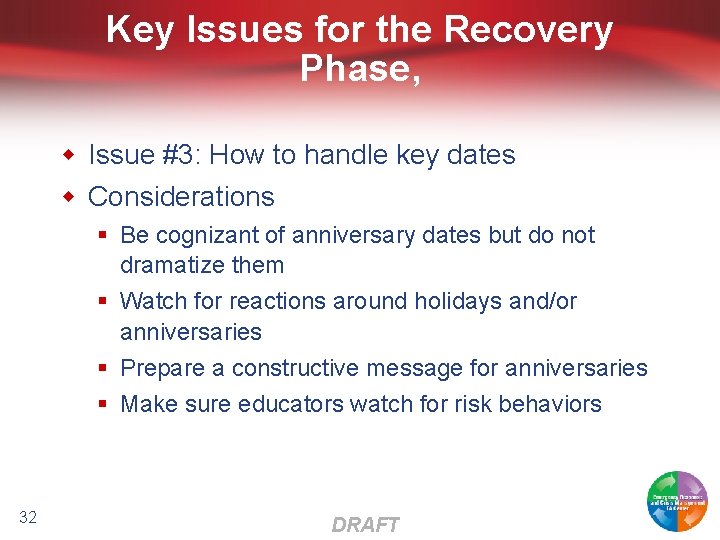 Key Issues for the Recovery Phase, w Issue #3: How to handle key dates