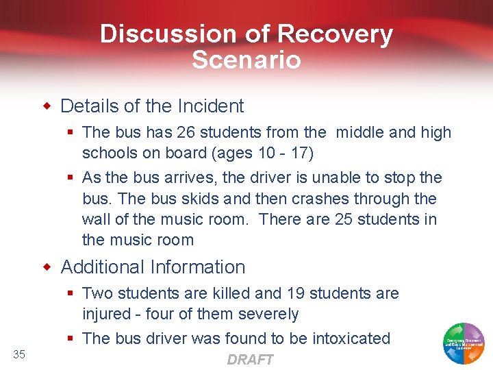 Discussion of Recovery Scenario w Details of the Incident § The bus has 26