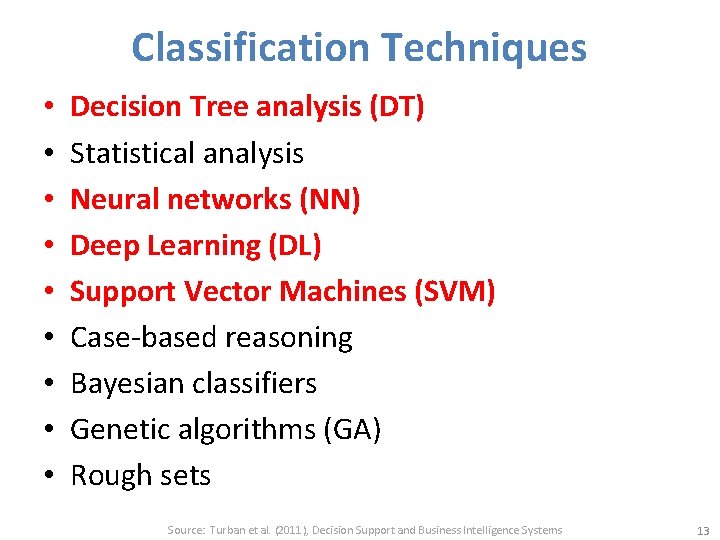 Classification Techniques • • • Decision Tree analysis (DT) Statistical analysis Neural networks (NN)