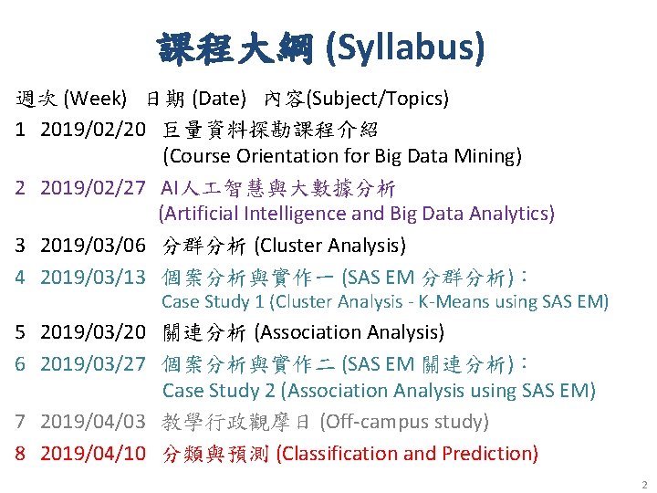 課程大綱 (Syllabus) 週次 (Week) 日期 (Date) 內容(Subject/Topics) 1 2019/02/20 巨量資料探勘課程介紹 (Course Orientation for Big