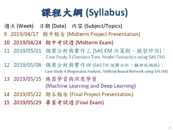 課程大綱 (Syllabus) 週次 (Week) 日期 (Date) 內容 (Subject/Topics) 9 2019/04/17 期中報告 (Midterm Project Presentation)