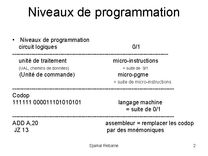 Niveaux de programmation • Niveaux de programmation circuit logiques 0/1 ----------------------------------------unité de traitement micro-instructions