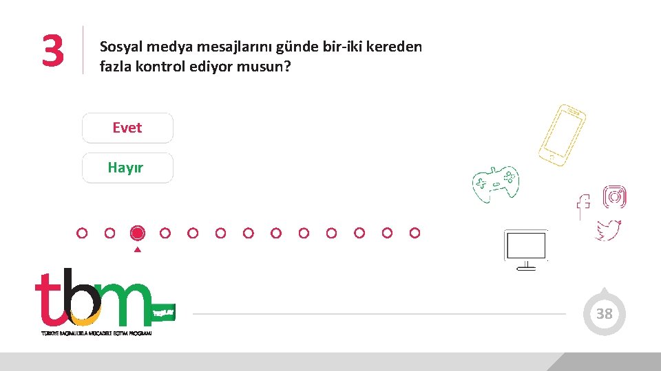 3 Sosyal medya mesajlarını günde bir-iki kereden fazla kontrol ediyor musun? Evet Hayır 38