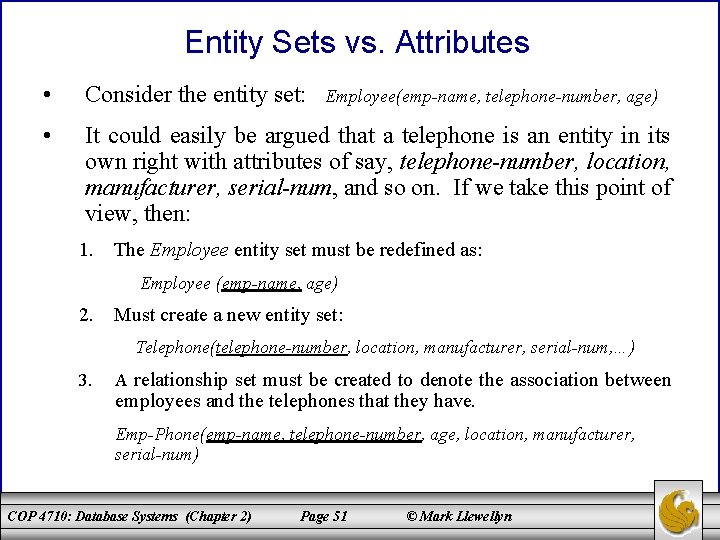 Entity Sets vs. Attributes • Consider the entity set: • It could easily be