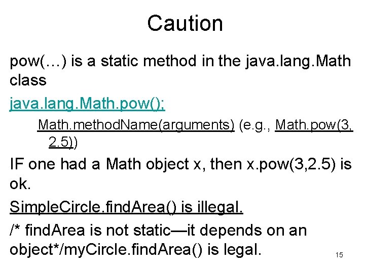 Caution pow(…) is a static method in the java. lang. Math class java. lang. Caution pow(…) is a static method in the java. lang. Math class java. lang.