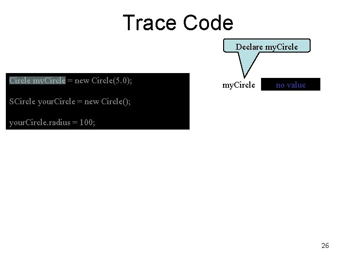 Trace Code Declare my. Circle = new Circle(5. 0); my. Circle no value SCircle Trace Code Declare my. Circle = new Circle(5. 0); my. Circle no value SCircle