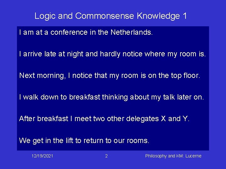 Logic and Commonsense Knowledge 1 I am at a conference in the Netherlands. I