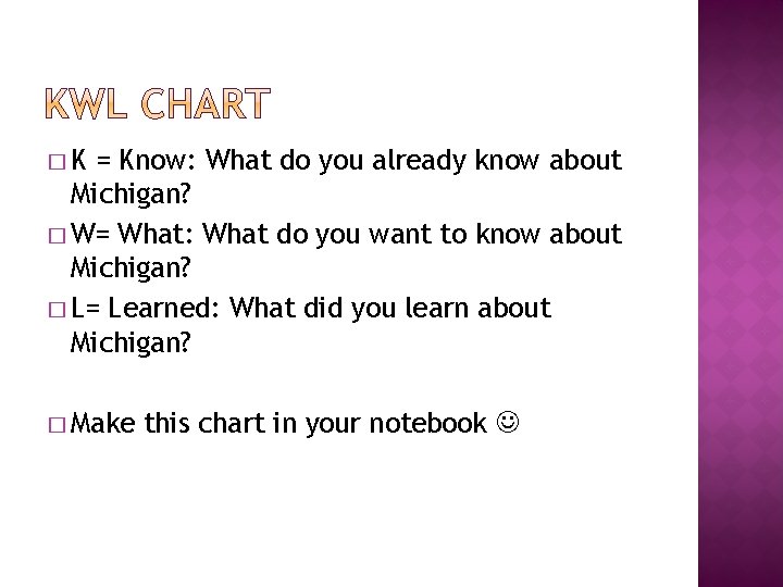 �K = Know: What do you already know about Michigan? � W= What: What