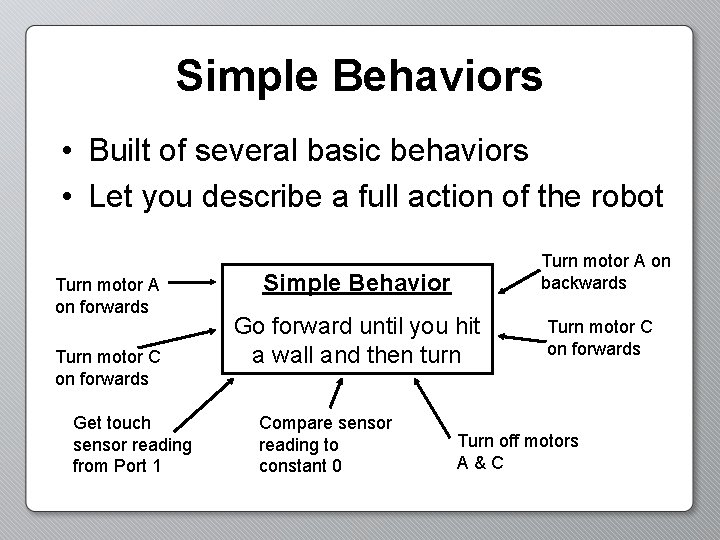 Simple Behaviors • Built of several basic behaviors • Let you describe a full