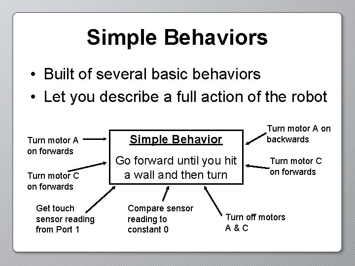 Simple Behaviors • Built of several basic behaviors • Let you describe a full Simple Behaviors • Built of several basic behaviors • Let you describe a full