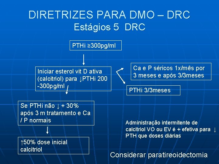 DIRETRIZES PARA DMO – DRC Estágios 5 DRC PTHi ≥ 300 pg/ml Iniciar esterol