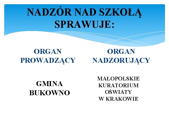 NADZÓR NAD SZKOŁĄ SPRAWUJE: ORGAN PROWADZĄCY GMINA BUKOWNO ORGAN NADZORUJĄCY MAŁOPOLSKIE KURATORIUM OŚWIATY W