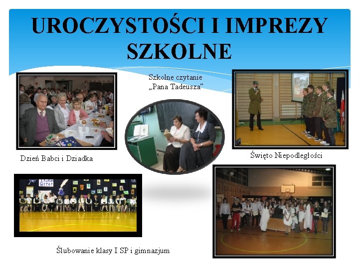 UROCZYSTOŚCI I IMPREZY SZKOLNE Szkolne czytanie „Pana Tadeusza” Dzień Babci i Dziadka Ślubowanie klasy