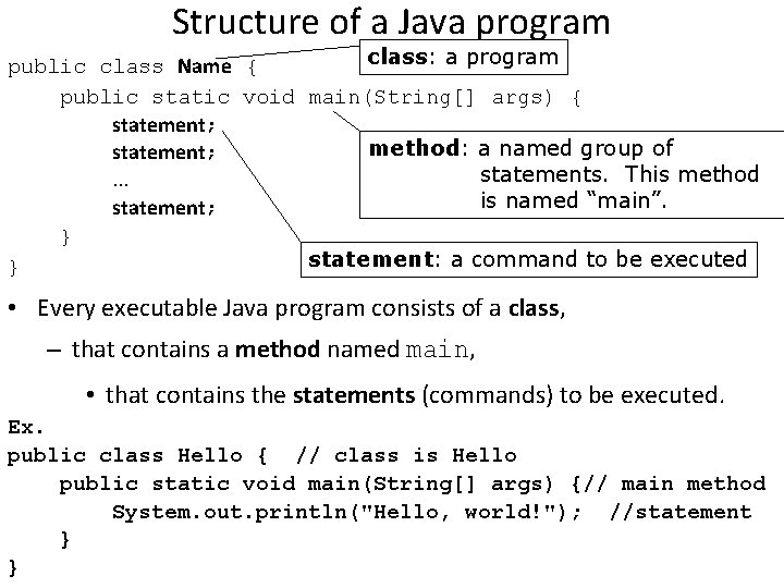 Structure of a Java program class: a program public class Name { public static