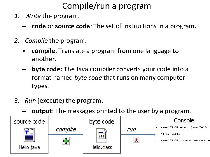Compile/run a program 1. Write the program. – code or source code: The set