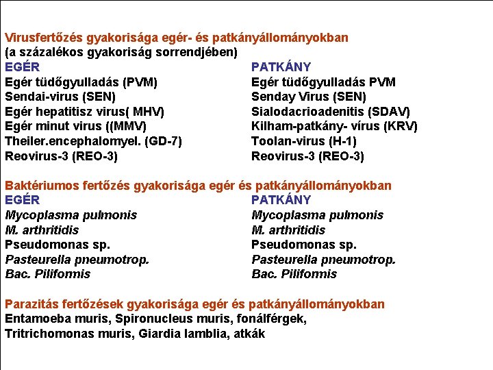 Virusfertőzés gyakorisága egér- és patkányállományokban (a százalékos gyakoriság sorrendjében) EGÉR PATKÁNY Egér tüdőgyulladás (PVM)