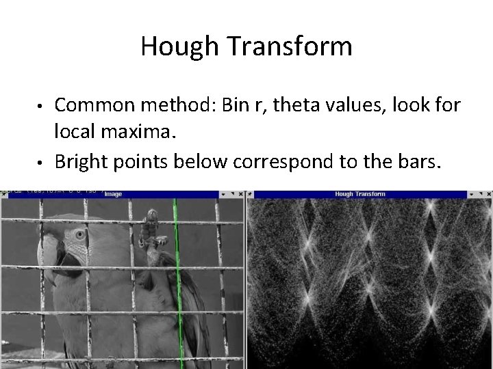 Hough Transform • • Common method: Bin r, theta values, look for local maxima.