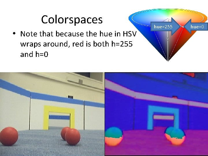 Colorspaces • Note that because the hue in HSV wraps around, red is both