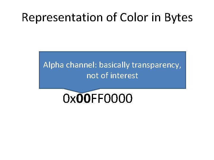 Representation of Color in Bytes Alpha channel: basically transparency, not of interest 0 x