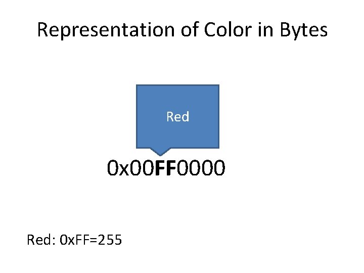 Representation of Color in Bytes Red 0 x 00 FF 0000 Red: 0 x.